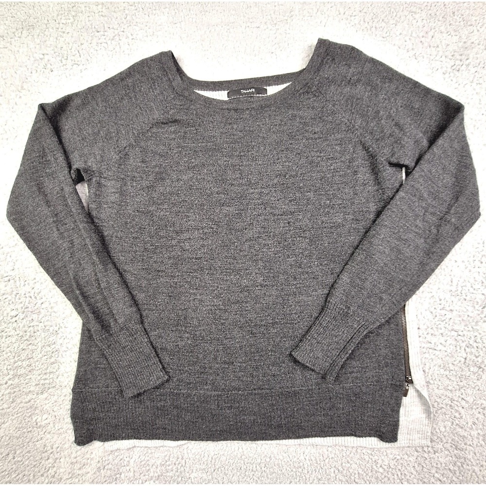 Tahari‎ Sweater Womens Medium Gray Merino Wool Colorblock Side Zip Minimalist